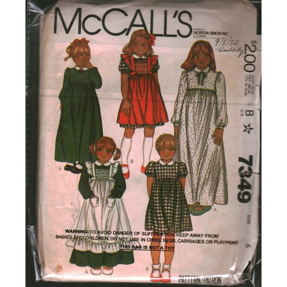 Vintage 1982 McCall's 7349 Girls Dress Pinafore Sewing Pattern Smocking Size 6